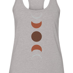 Moon Phase Women's Racerback Tank Top, Celestial Boho Graphic in Earthy Tones for Summer