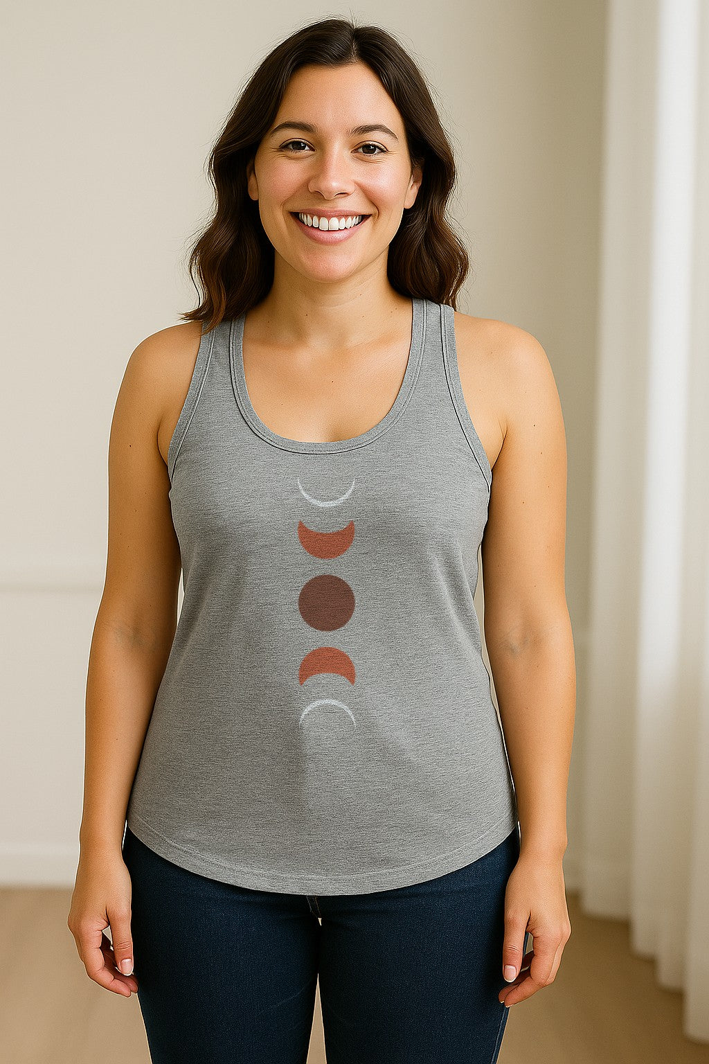 Moon Phase Women's Racerback Tank Top, Celestial Boho Graphic in Earthy Tones for Summer