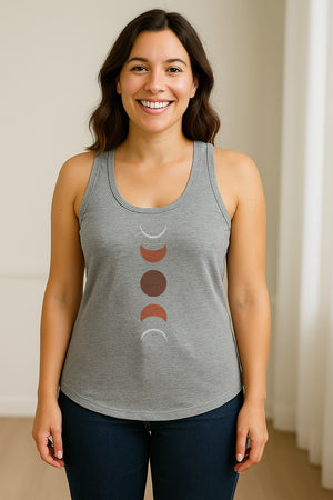 Moon Phase Women's Racerback Tank Top, Celestial Boho Graphic in Earthy Tones for Summer