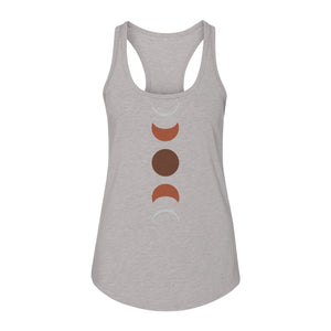 Moon Phase Women's Racerback Tank Top, Celestial Boho Graphic in Earthy Tones for Summer