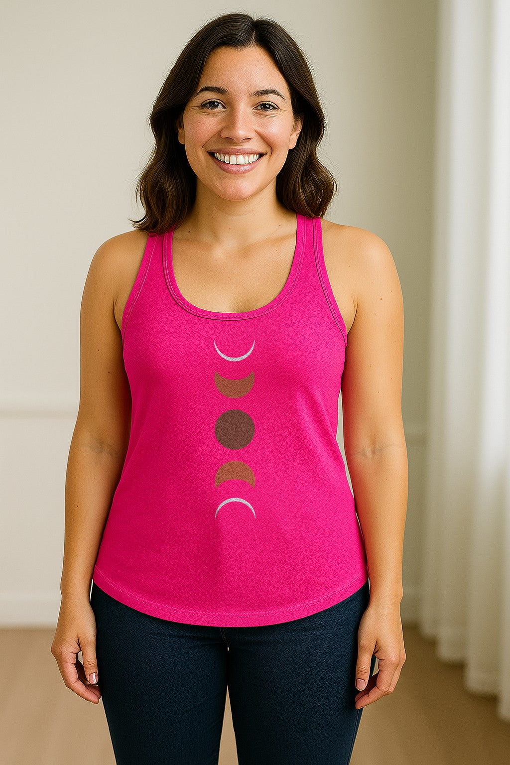 Moon Phase Women's Racerback Tank Top, Celestial Boho Graphic in Earthy Tones for Summer