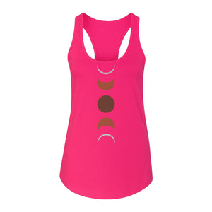 Moon Phase Women's Racerback Tank Top, Celestial Boho Graphic in Earthy Tones for Summer