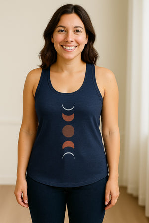 Moon Phase Women's Racerback Tank Top, Celestial Boho Graphic in Earthy Tones for Summer