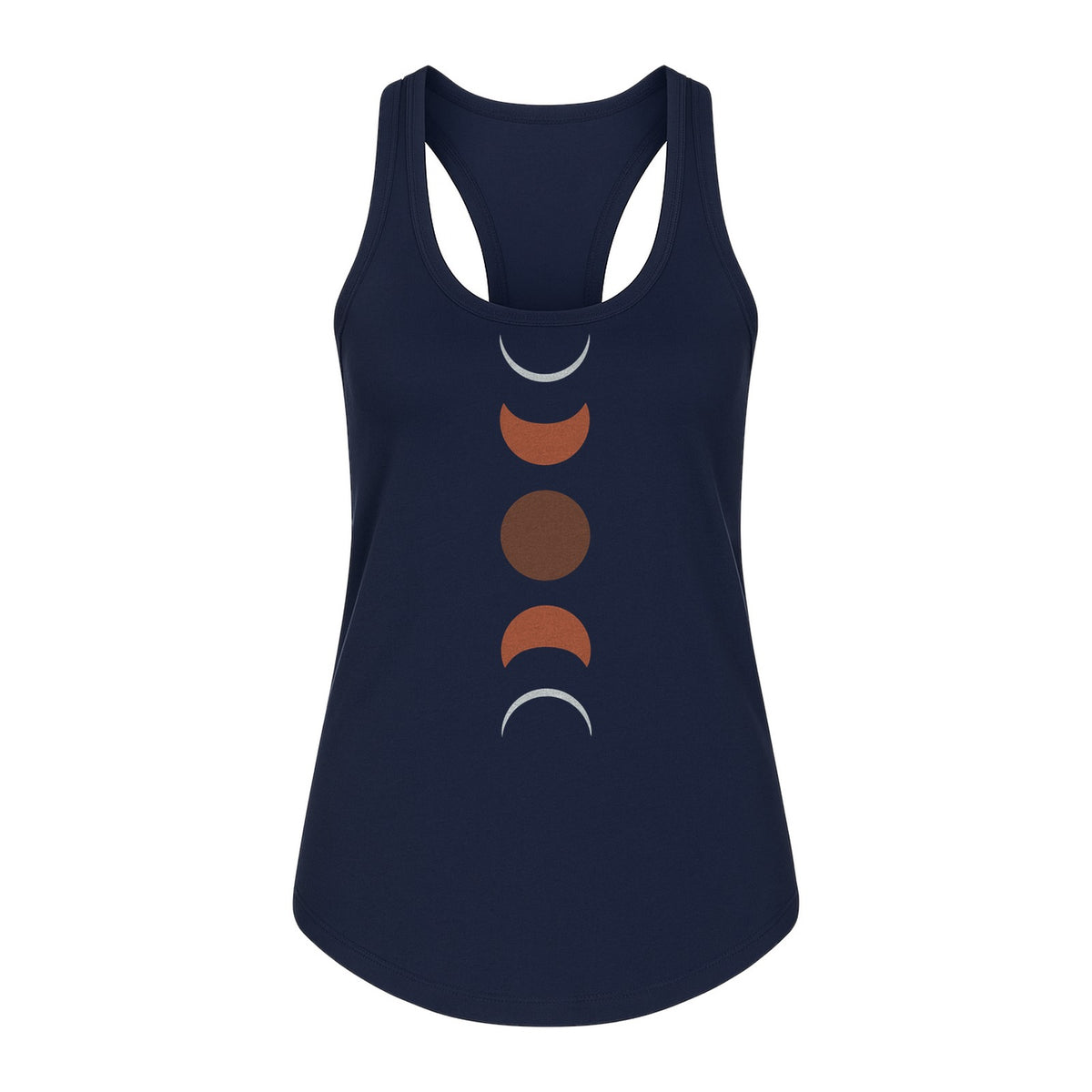 Moon Phase Women's Racerback Tank Top, Celestial Boho Graphic in Earthy Tones for Summer