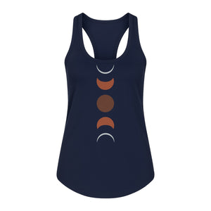 Moon Phase Women's Racerback Tank Top, Celestial Boho Graphic in Earthy Tones for Summer