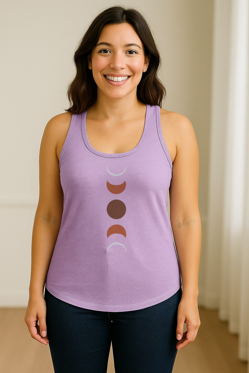 Moon Phase Women's Racerback Tank Top, Celestial Boho Graphic in Earthy Tones for Summer