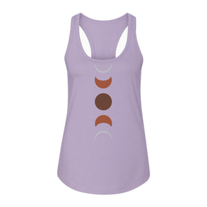 Moon Phase Women's Racerback Tank Top, Celestial Boho Graphic in Earthy Tones for Summer