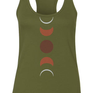 Moon Phase Women's Racerback Tank Top, Celestial Boho Graphic in Earthy Tones for Summer