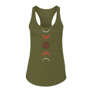 Moon Phase Women's Racerback Tank Top, Celestial Boho Graphic in Earthy Tones for Summer