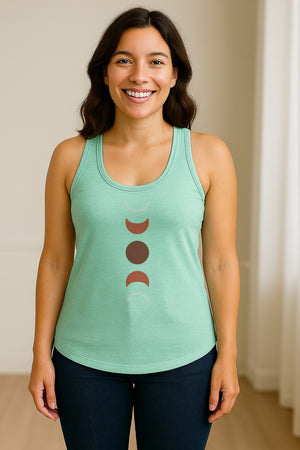 Moon Phase Women's Racerback Tank Top, Celestial Boho Graphic in Earthy Tones for Summer