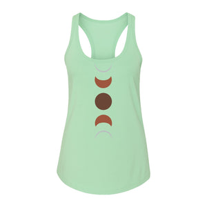 Moon Phase Women's Racerback Tank Top, Celestial Boho Graphic in Earthy Tones for Summer