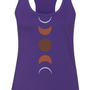 Moon Phase Women's Racerback Tank Top, Celestial Boho Graphic in Earthy Tones for Summer