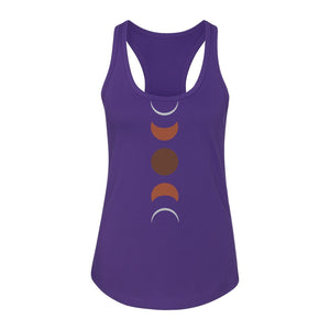 Moon Phase Women's Racerback Tank Top, Celestial Boho Graphic in Earthy Tones for Summer