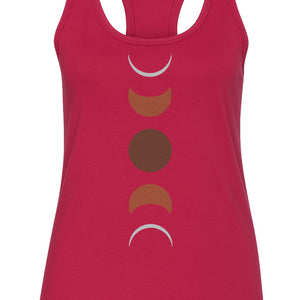 Moon Phase Women's Racerback Tank Top, Celestial Boho Graphic in Earthy Tones for Summer