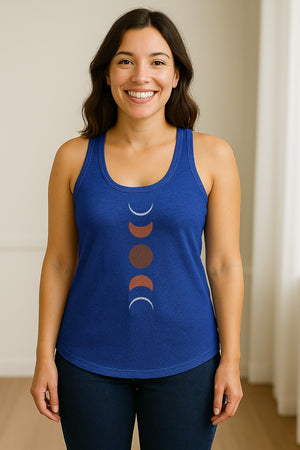 Moon Phase Women's Racerback Tank Top, Celestial Boho Graphic in Earthy Tones for Summer