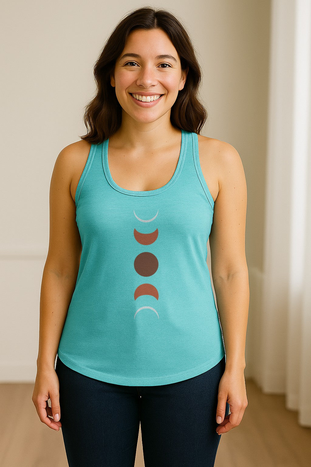 Moon Phase Women's Racerback Tank Top, Celestial Boho Graphic in Earthy Tones for Summer