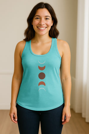 Moon Phase Women's Racerback Tank Top, Celestial Boho Graphic in Earthy Tones for Summer