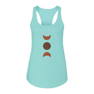 Moon Phase Women's Racerback Tank Top, Celestial Boho Graphic in Earthy Tones for Summer