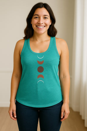Moon Phase Women's Racerback Tank Top, Celestial Boho Graphic in Earthy Tones for Summer