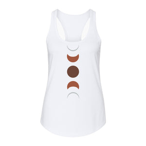 Moon Phase Women's Racerback Tank Top, Celestial Boho Graphic in Earthy Tones for Summer