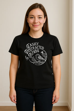 Bird T-Shirt, Easily Distracted By Birds Sketch Design for Birdwatchers and Nature Lovers