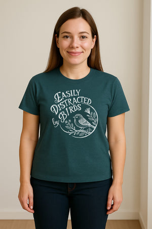 Bird T-Shirt, Easily Distracted By Birds Sketch Design for Birdwatchers and Nature Lovers