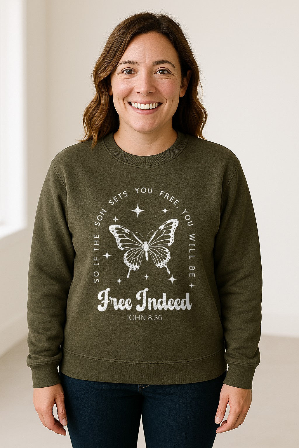Free Indeed Sweatshirt, John 8:36 Butterfly Scripture Design for Faithful Believers