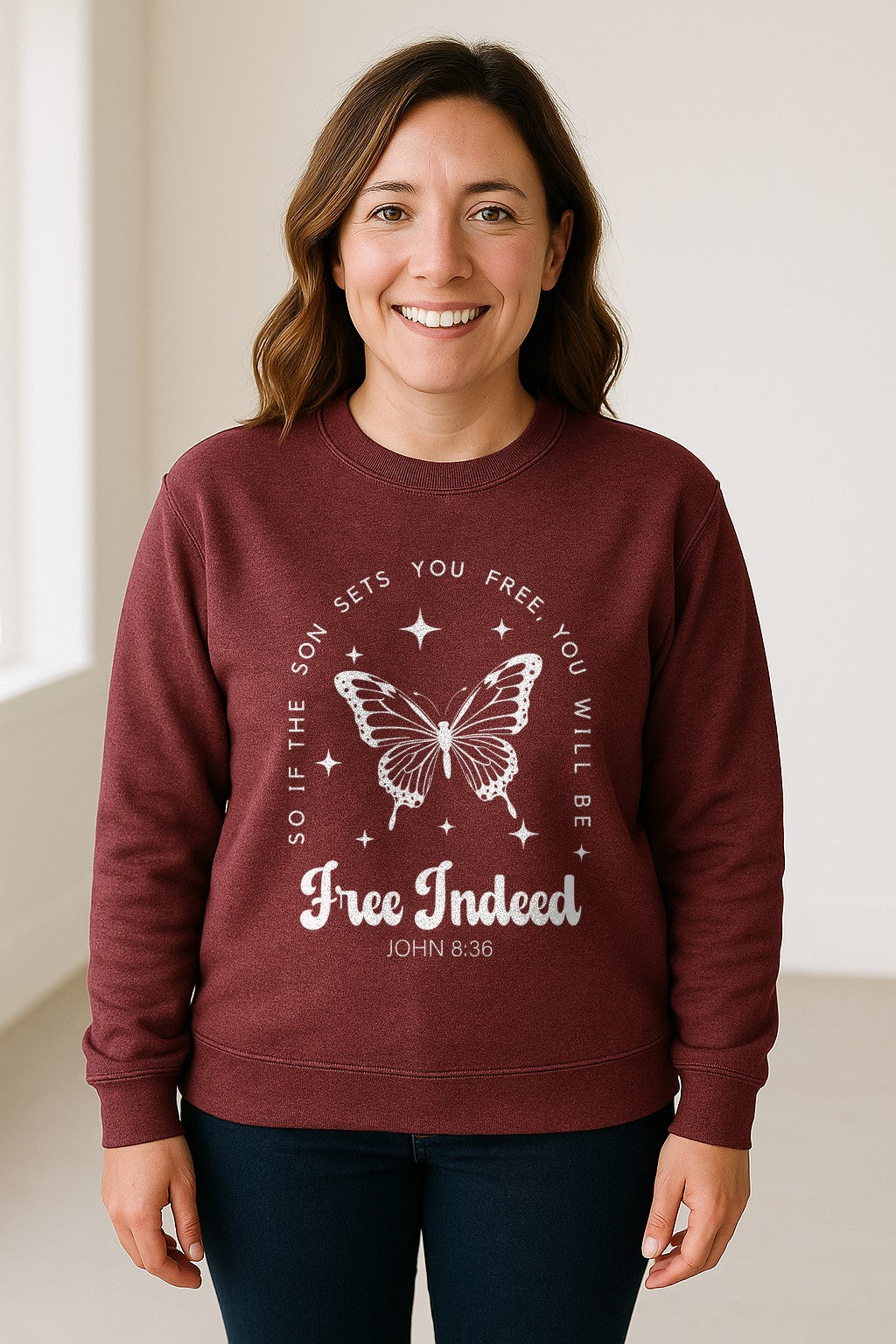 Free Indeed Sweatshirt, John 8:36 Butterfly Scripture Design for Faithful Believers