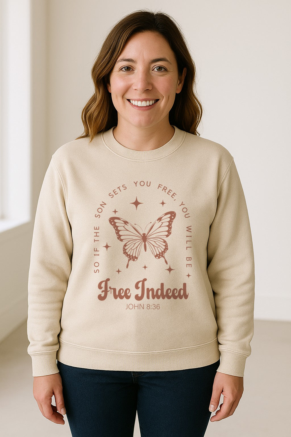 Free Indeed Sweatshirt, John 8:36 Butterfly Scripture Design for Faithful Believers