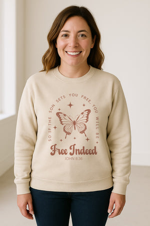 Free Indeed Sweatshirt, John 8:36 Butterfly Scripture Design for Faithful Believers