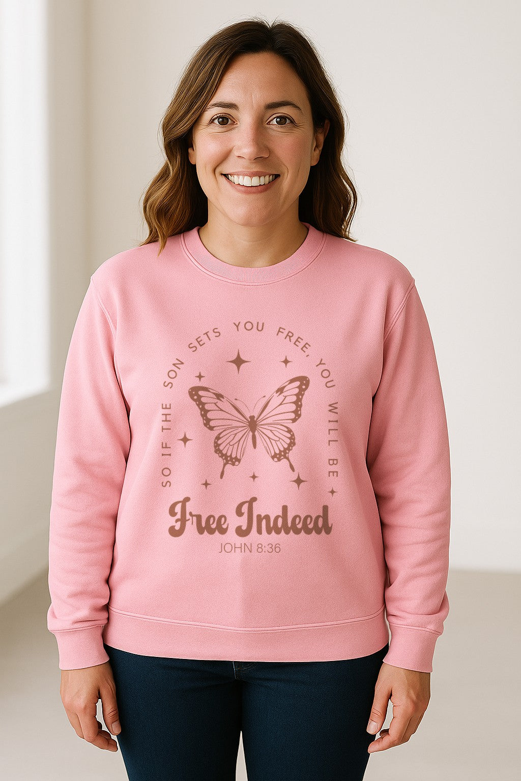 Free Indeed Sweatshirt, John 8:36 Butterfly Scripture Design for Faithful Believers