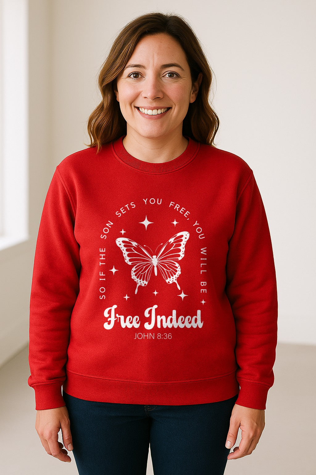 Free Indeed Sweatshirt, John 8:36 Butterfly Scripture Design for Faithful Believers