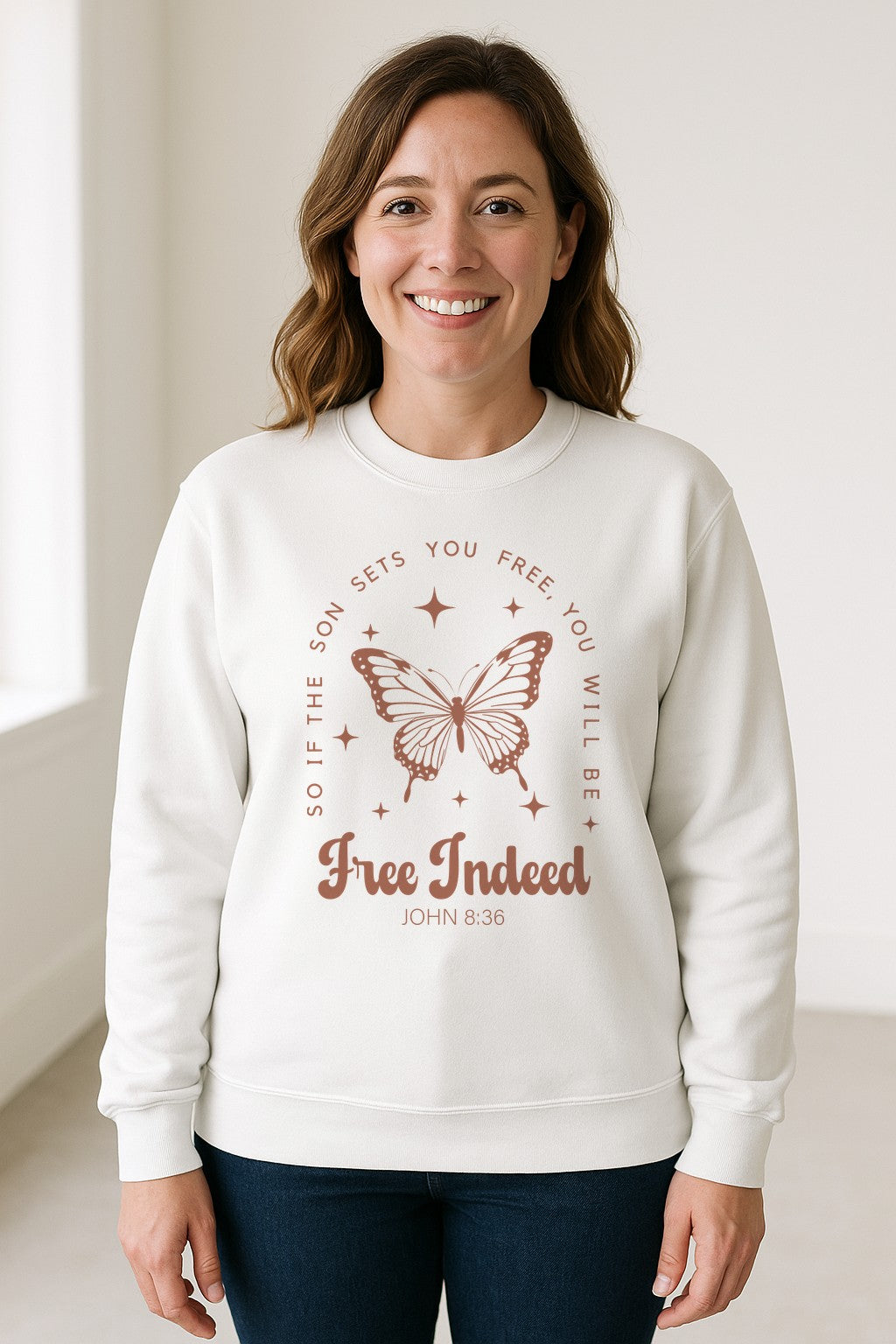 Free Indeed Sweatshirt, John 8:36 Butterfly Scripture Design for Faithful Believers