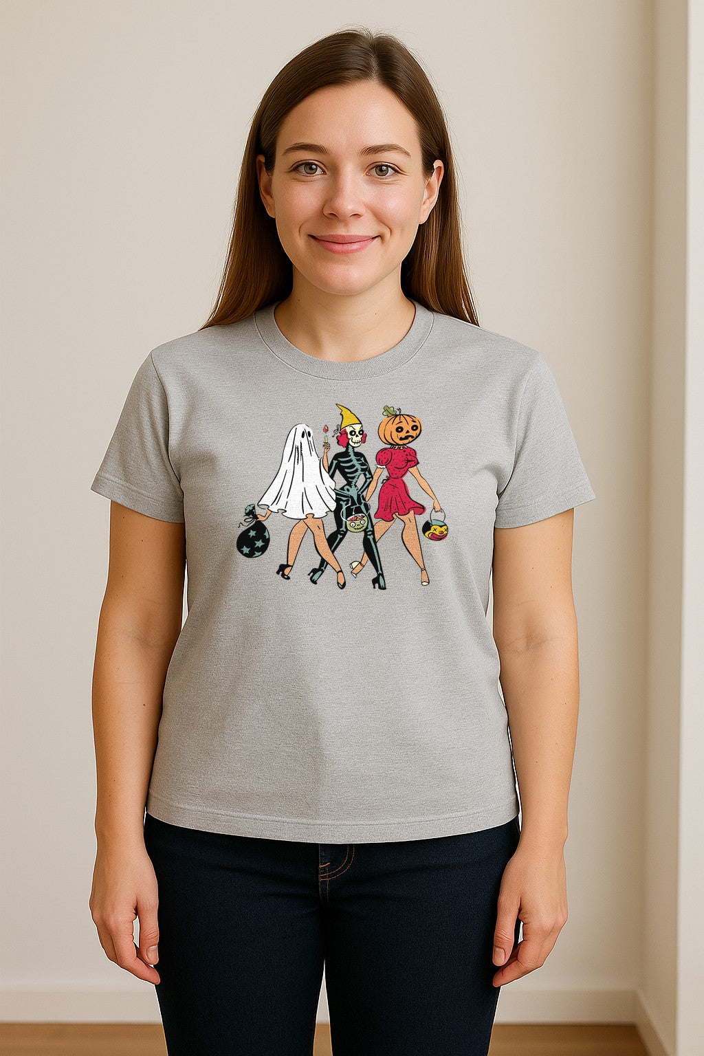 Halloween T-Shirt, Retro Ghost Skeleton and Pumpkin Costume Graphic for Spooky Season Parties