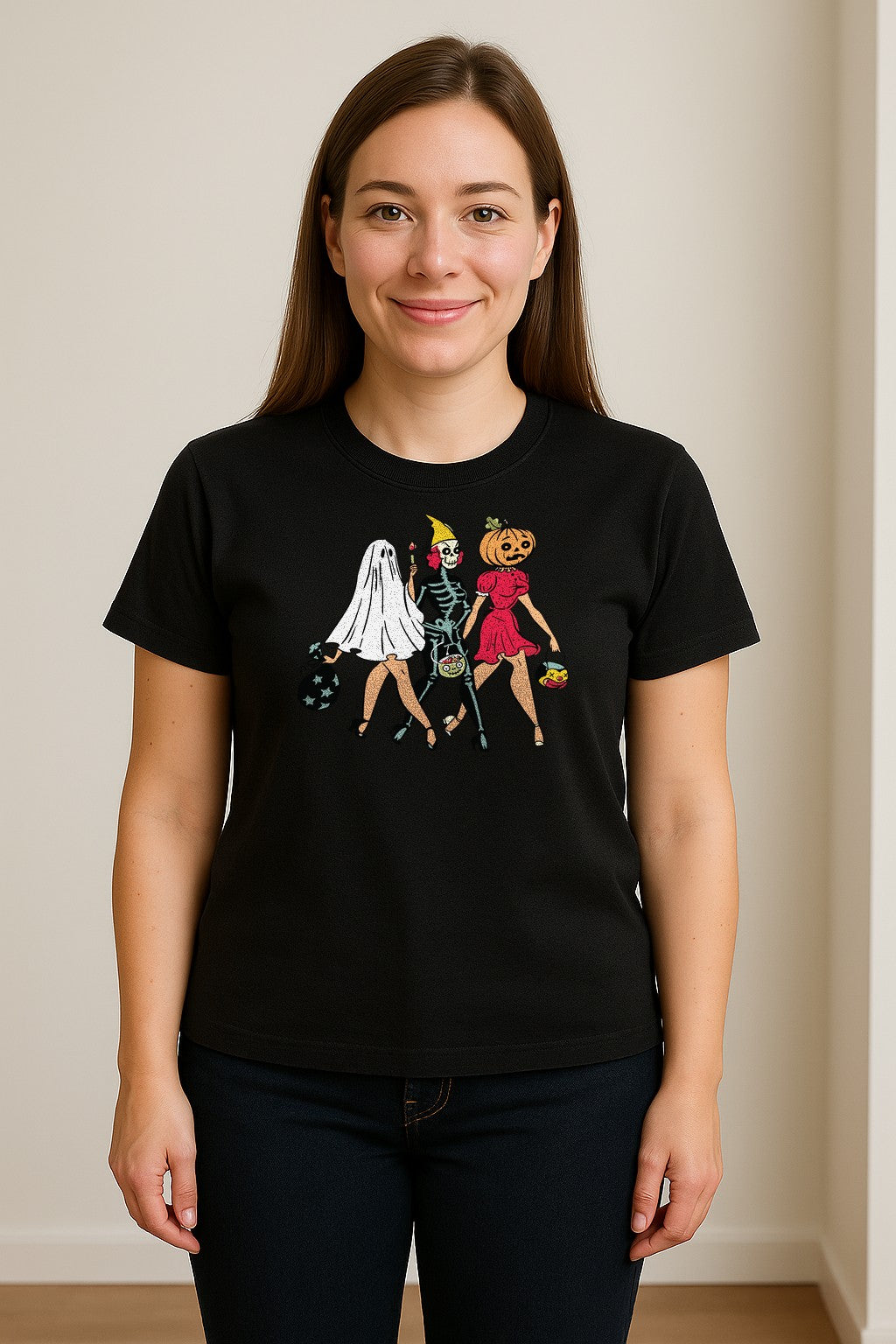 Halloween T-Shirt, Retro Ghost Skeleton and Pumpkin Costume Graphic for Spooky Season Parties