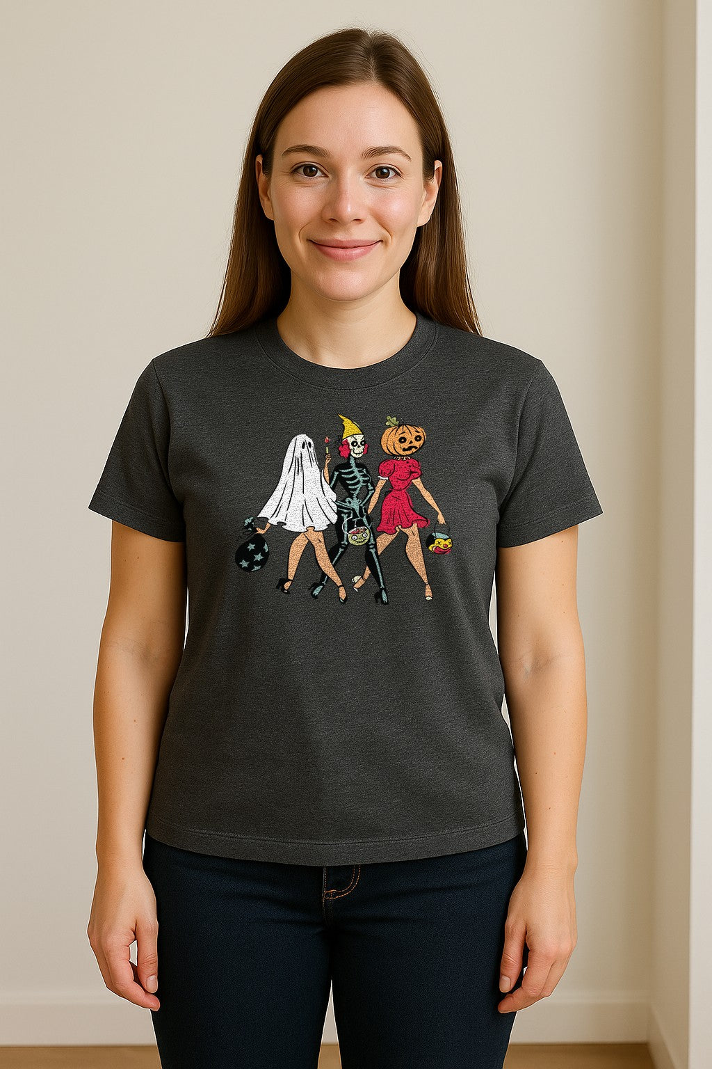 Halloween T-Shirt, Retro Ghost Skeleton and Pumpkin Costume Graphic for Spooky Season Parties