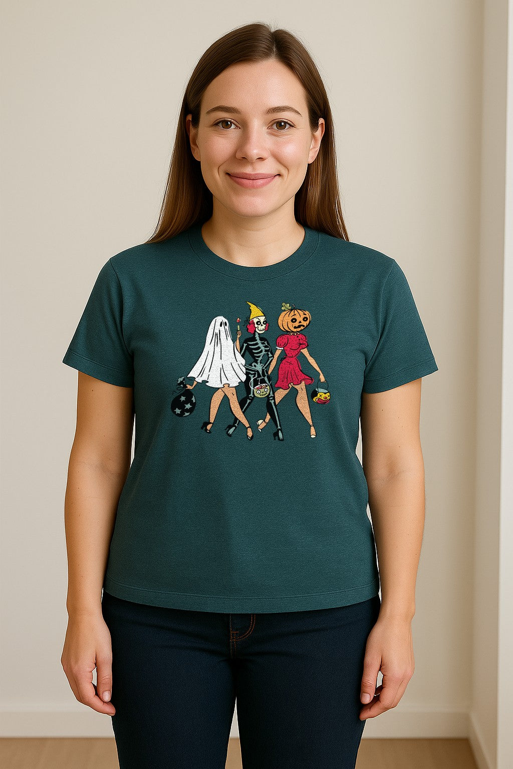 Halloween T-Shirt, Retro Ghost Skeleton and Pumpkin Costume Graphic for Spooky Season Parties