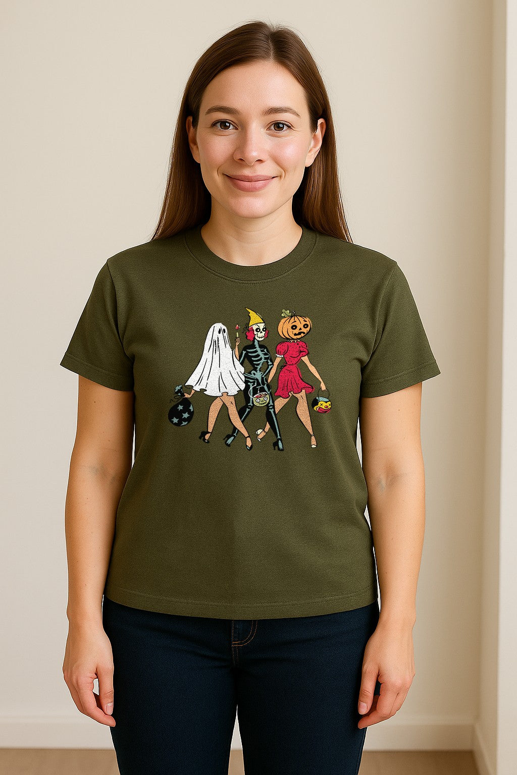 Halloween T-Shirt, Retro Ghost Skeleton and Pumpkin Costume Graphic for Spooky Season Parties