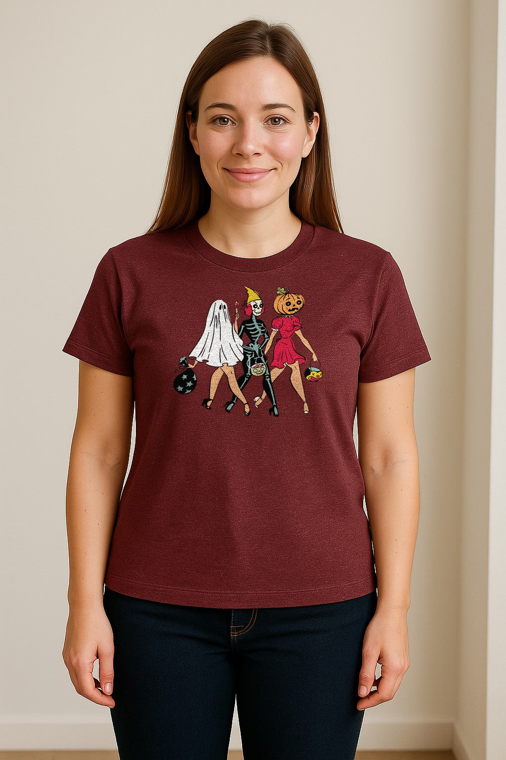 Halloween T-Shirt, Retro Ghost Skeleton and Pumpkin Costume Graphic for Spooky Season Parties