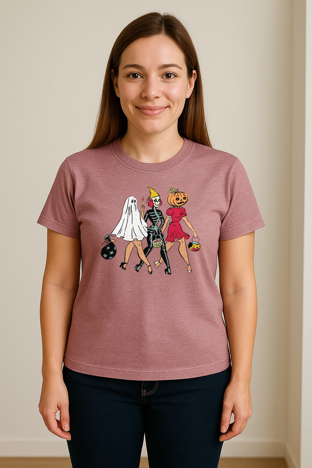 Halloween T-Shirt, Retro Ghost Skeleton and Pumpkin Costume Graphic for Spooky Season Parties