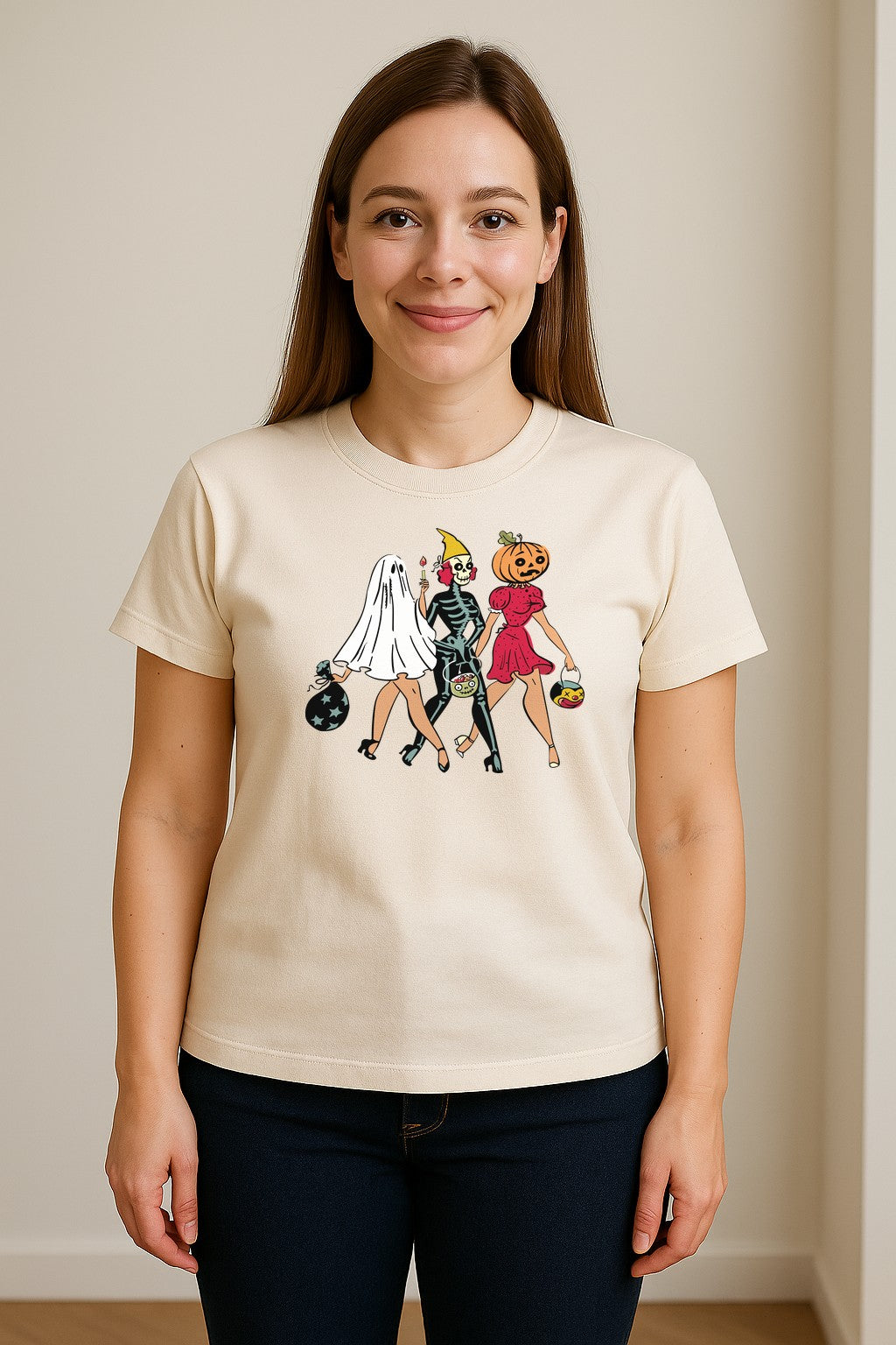 Halloween T-Shirt, Retro Ghost Skeleton and Pumpkin Costume Graphic for Spooky Season Parties