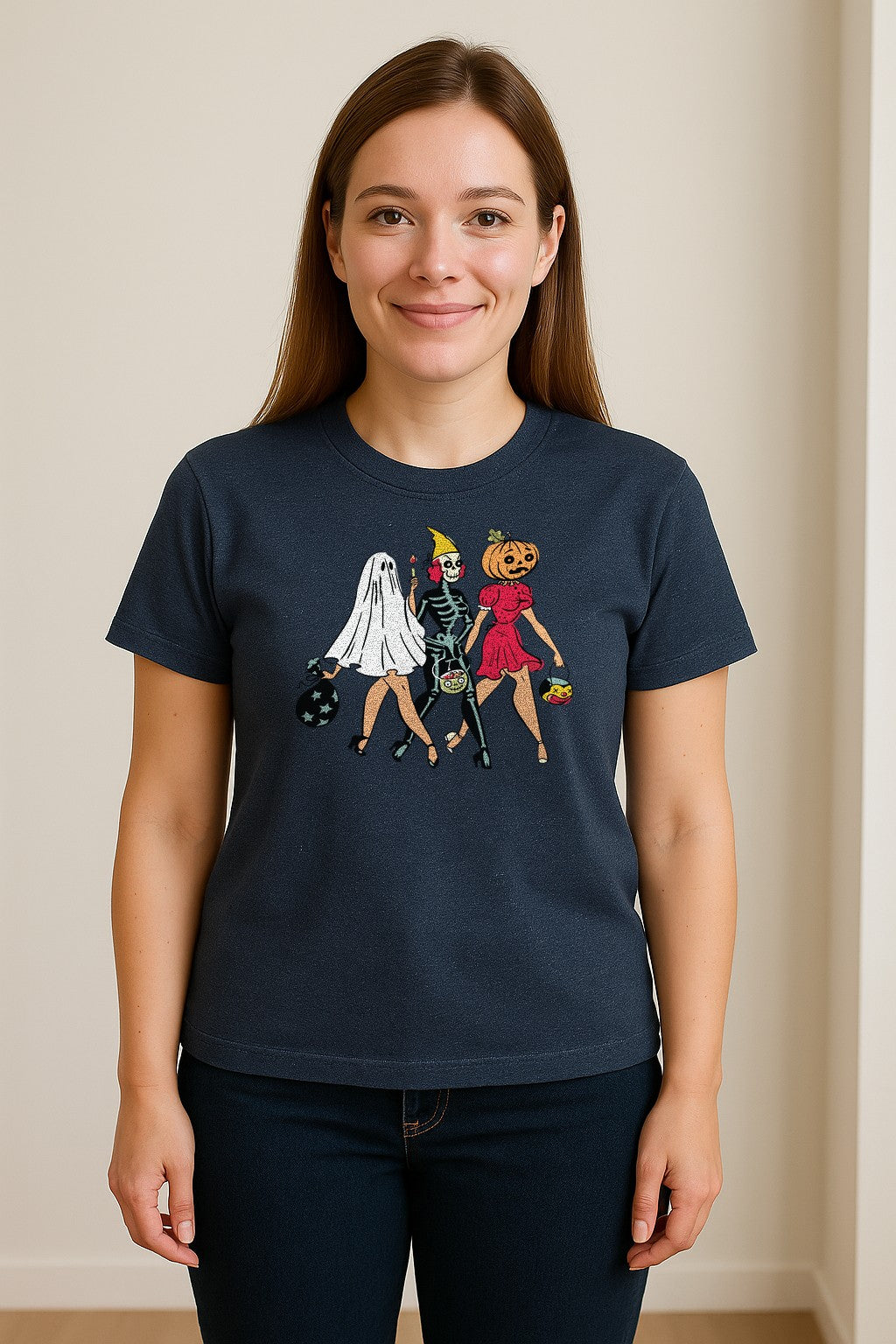 Halloween T-Shirt, Retro Ghost Skeleton and Pumpkin Costume Graphic for Spooky Season Parties