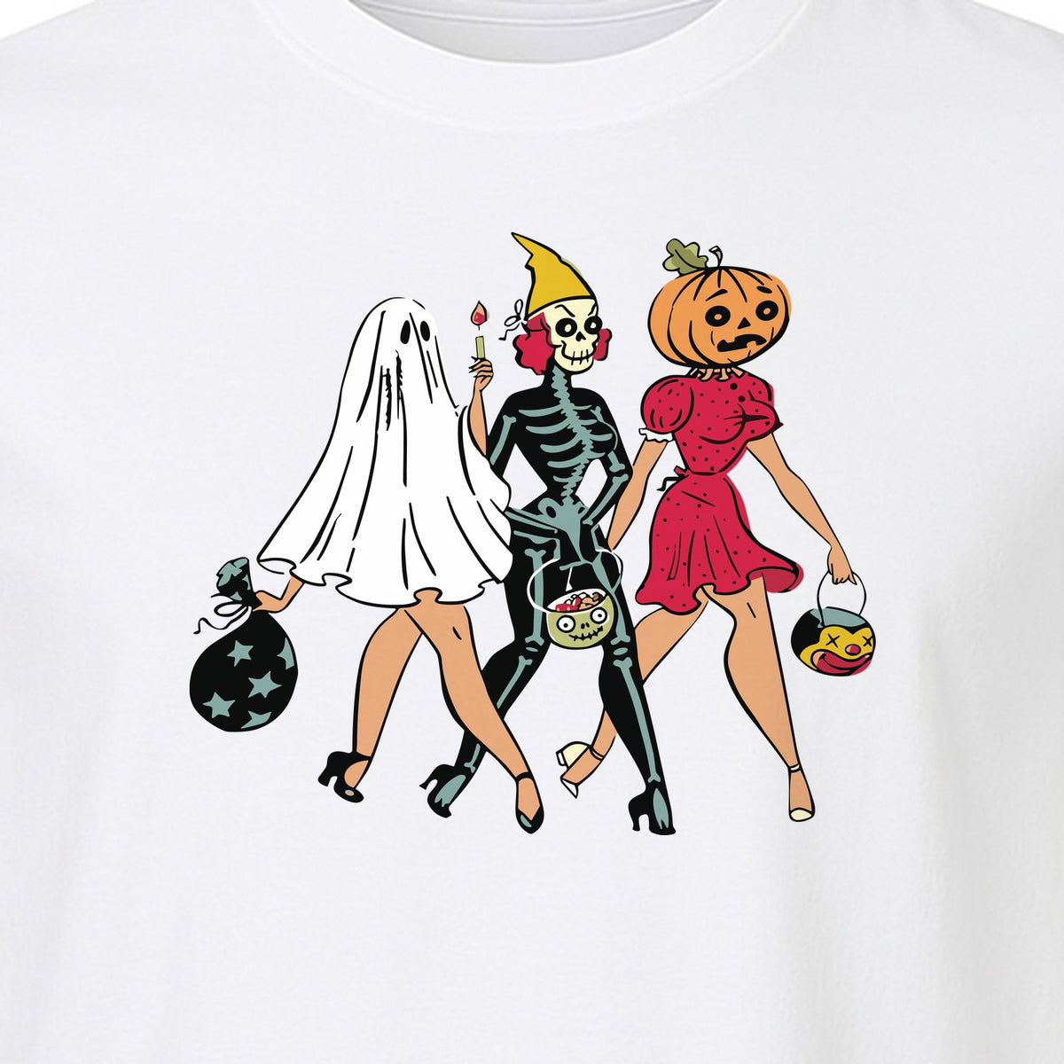 Halloween T-Shirt, Retro Ghost Skeleton and Pumpkin Costume Graphic for Spooky Season Parties
