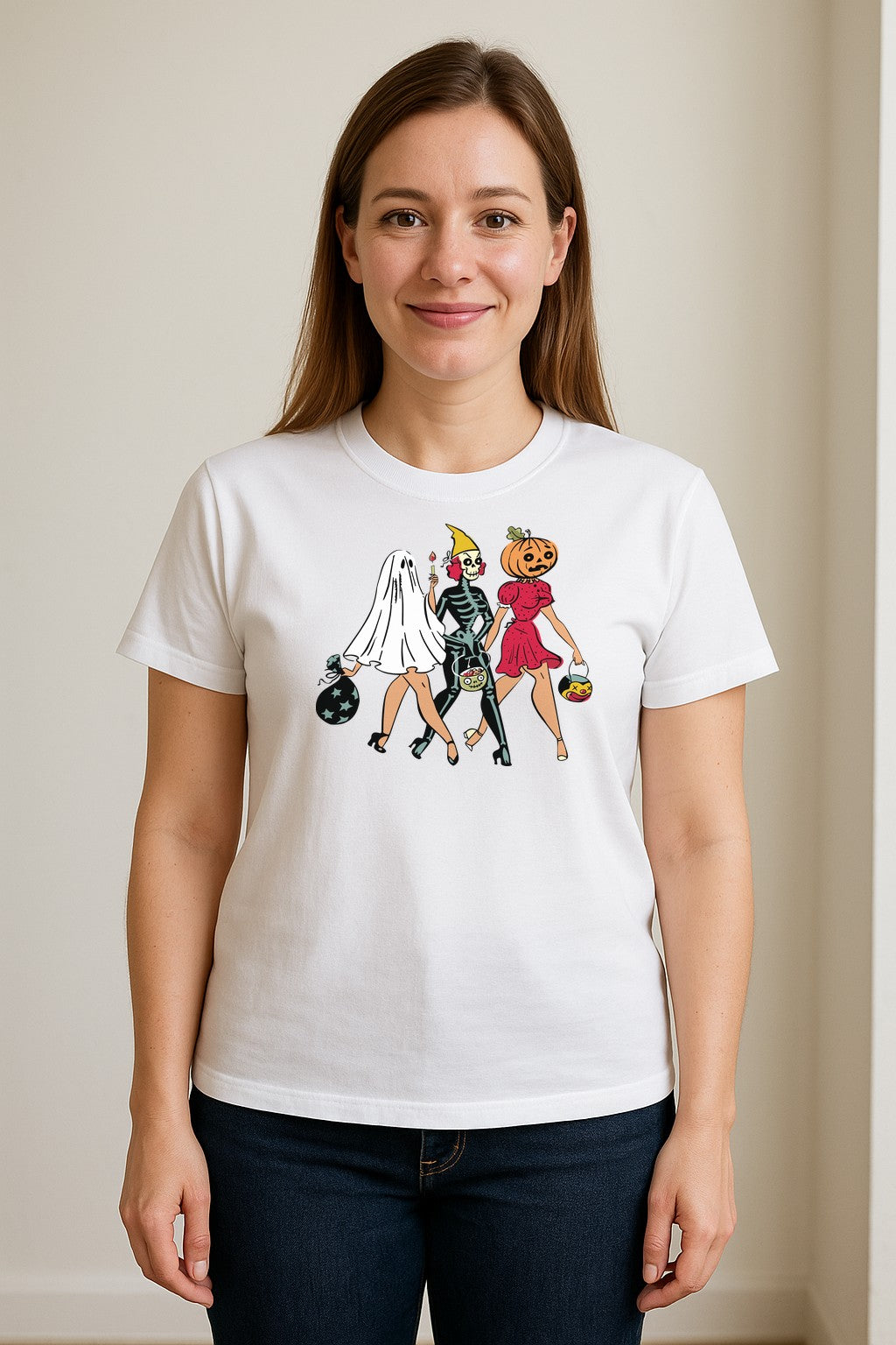 Halloween T-Shirt, Retro Ghost Skeleton and Pumpkin Costume Graphic for Spooky Season Parties