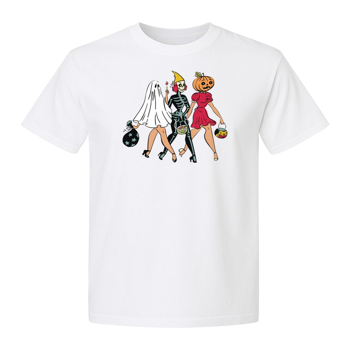 Halloween T-Shirt, Retro Ghost Skeleton and Pumpkin Costume Graphic for Spooky Season Parties