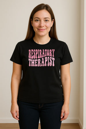 Respiratory Therapist T-Shirt, Distressed Pink Lettering for Care Professionals, Students and Graduates