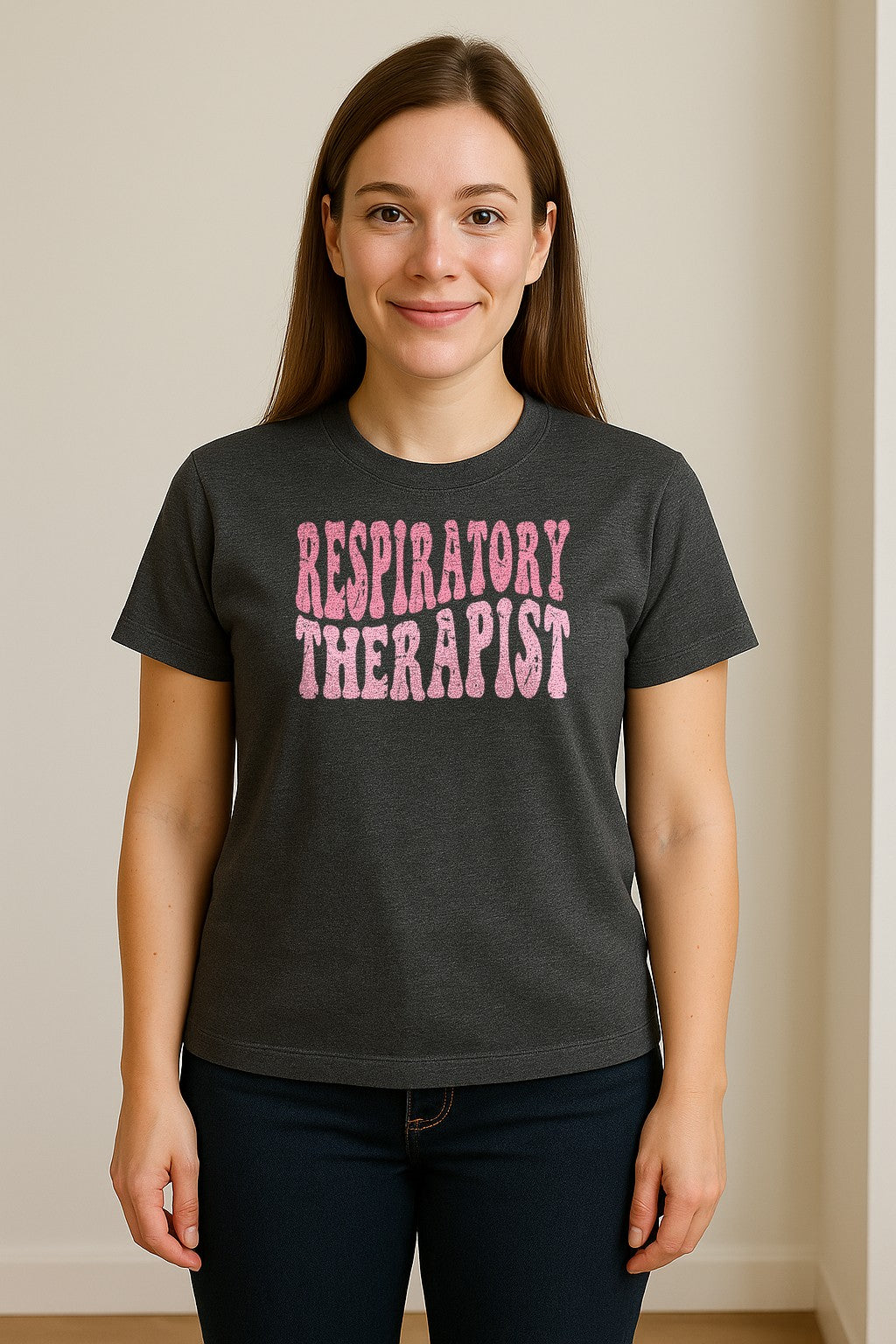 Respiratory Therapist T-Shirt, Distressed Pink Lettering for Care Professionals, Students and Graduates