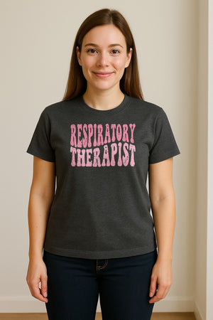 Respiratory Therapist T-Shirt, Distressed Pink Lettering for Care Professionals, Students and Graduates