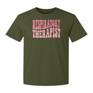 Respiratory Therapist T-Shirt, Distressed Pink Lettering for Care Professionals, Students and Graduates