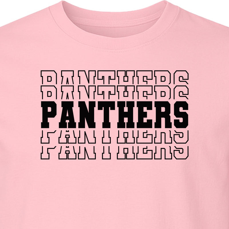 Panthers Mascot T-Shirt, Repeated Varsity Lettering School Spirit Design for Students and Alumni